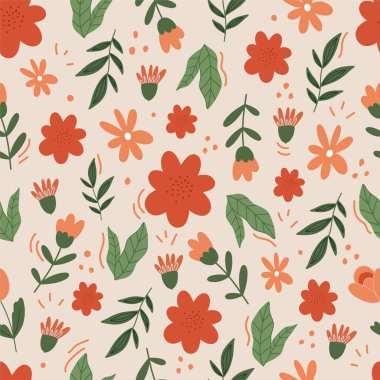 Çiçekler ve yapraklarla modern kusursuz desen. Botanik arkaplan