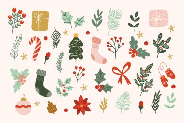 Noel ve Yeni Yıl elementleri, kış ve tatil vektör koleksiyonu.