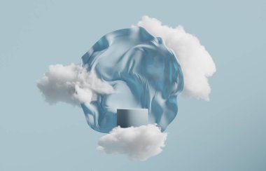 3D ekran podyumu, pastel mavi arkaplan. Yaya ve uçan ipek kumaş perdeler. Rüzgar ve bulut. Doğa Güzeli, kozmetik ürün tanıtım standı. Lüks kış gökyüzü modeli. 3d hazırlama şablonu