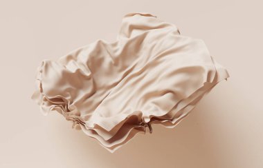 3 boyutlu podyum, bej arkaplan ve uçan çıplak ipek kumaş. Perde rüzgarı. Doğa, güzellik ürünü sunum şablonu. Lüks kadın modelleme 3D canlandırma