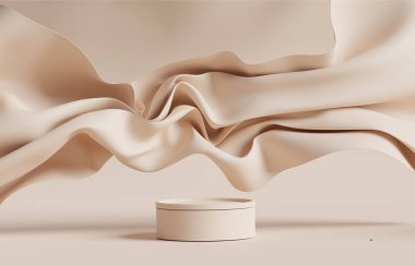 3 boyutlu podyum, bej arka plan, kaidesi ve uçan çıplak renk ipek kumaş perdesi. Doğa rüzgarı. Güzellik, kozmetik ürün sunumu. Lüks kadın modelleme 3D sunucu reklamı
