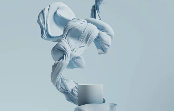 Podio Exhibición Fondo Azul Pastel Con Pedestal Cortina Tela Seda —  Fotos de Stock