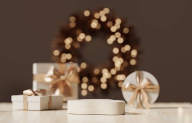 3 boyutlu podyum gösterisi, ürün sunumu için Noel arkaplanı. Altın kurdeleli bej bir hediye kutusu. Kahverengi arka planda Noel ışıkları var. Ahşap heykel gösterisi. 3 Boyutlu kışı düzenle.