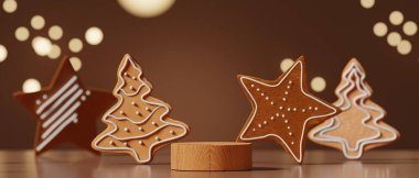 3 boyutlu podyum gösterisi, güzellik ürünü sunumu için Noel arkaplanı. Zencefilli çörekle kahverengi zemin. Noel ağacı ve yıldızla ahşap heykel gösterisi. 3 Boyutlu kışı düzenle.