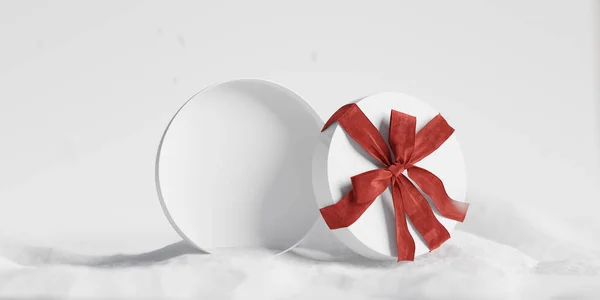 3D background  gift, open box podium display for beauty  product, cosmetic presentation. Present with red ribbon. White,  banner with snow. 3D render. Winter, new year shopping mockup.