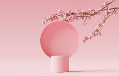 3D background, pink podium display. Sakura pink flower tree branch shadow. Cosmetic or beauty product promotion step floral pedestal. Abstract minimal advertise. 3D render copy space spring mockup.