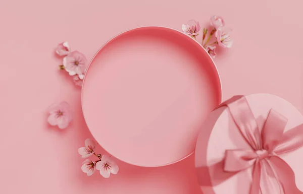 3D background gift, open box display for cosmetic product presentation with cherry sakura flower. Present with pastel pink ribbon. Spring branding banner. 3D render shopping mockup