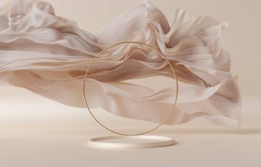 3D background. Beige podium, display mockup. Silk cloth in motion. Gold circle frame for Beauty, product, cosmetic presentation. Feminine scene with pedestal. 3d render.