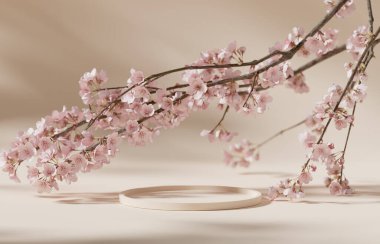 3 boyutlu arka plan, bej podyum. Sakura pembe çiçek dalı. Kozmetik ya da güzellik ürünü tanıtımı. Çiçek kaidesi. Reklam asgari düzeyde. 3B kopyalama alanı bahar modellemesi.