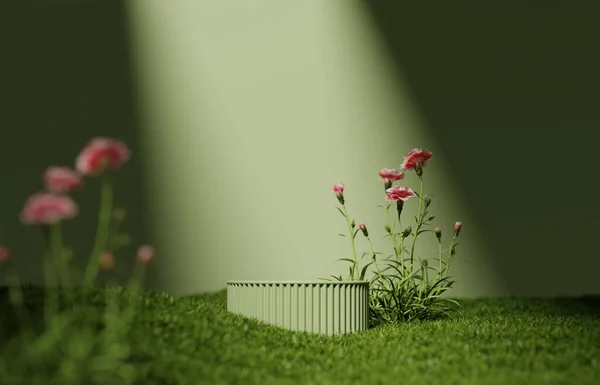 Podium Anzeige Grüner Hintergrund Mit Blume Grünem Gras Und Sonnenschatten — Stockfoto