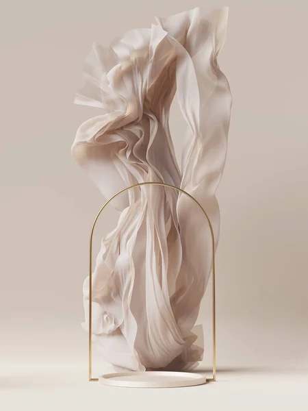 3D背景 ベージュの表彰台モックアップを表示します 絹の布が動いている 化粧品のプレゼンテーションのための金のアーチフレーム 台座付きの女性のシーン 3Dレンダリング — ストック写真