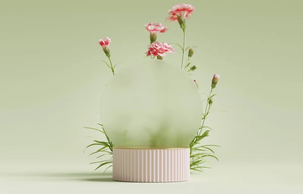 Display Podium Green Background Pink Flowers Grass Nature Blossom Minimal — Stock Photo, Image