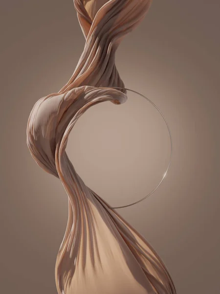 3D background. Beige circle display, frame mockup. Luxury brown silk. Flying cloth in motion. beauty, cosmetic product presentation. Feminine template with copy space. 3d render advertisement