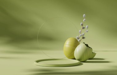 3D Easter, podium display. Green background with egg and catkins. Nature minimal pedestal for beauty, cosmetic product presentation. Spring mockup. 3d  template. Render with shadow.  clipart