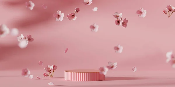 3D background, pink podium display. Sakura pink flower falling. Cosmetic or beauty product promotion step floral, pastel pedestal. Abstract minimal advertise. 3D render copy space spring mockup.