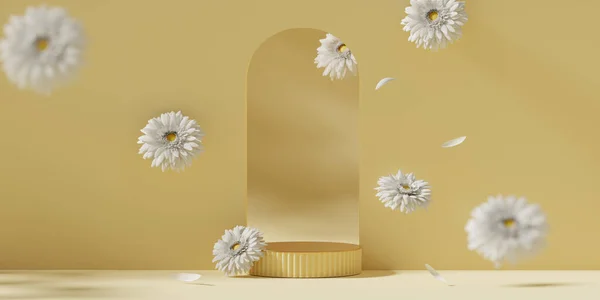 Background Yellow Podium Display White Daisy Flower Falling Cosmetic Beauty — Stock Photo, Image