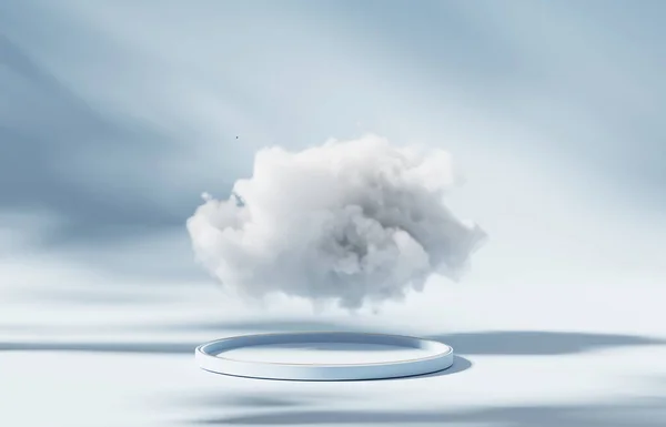 3D display podium, pastel blue background. White cloud levitating. Sky concpet. Nature Beauty, cosmetic product presentation pedestal. 3d render mockup with light and shadow