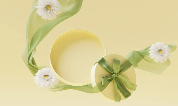 3D background. Yellow gift, open box display for cosmetic product presentation with whitechamomile daisy . Present with pastel green ribbon. Birthday or mother's day. 3D render shopping mockup