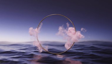 Üç boyutlu arka plan. Suyun üzerindeki dairesel çerçeve kayması. Uçan pembe bulut hareket halinde. Güzellik, kozmetik ürün sunumu veya metin için minimum kaide. Stüdyo, 3D model. Gökyüzü Concpet