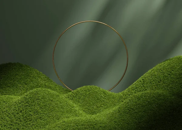 3D display podium background. Natural green grass. Nature blue sky minimal pedestal, beauty, cosmetic product presentation. Spring, summer landscape 3d render mockup.