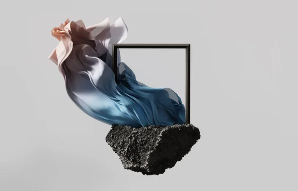 Fondo Podio Exhibición Piedra Negra Seda Azul Lujo Tela Voladora — Foto de Stock