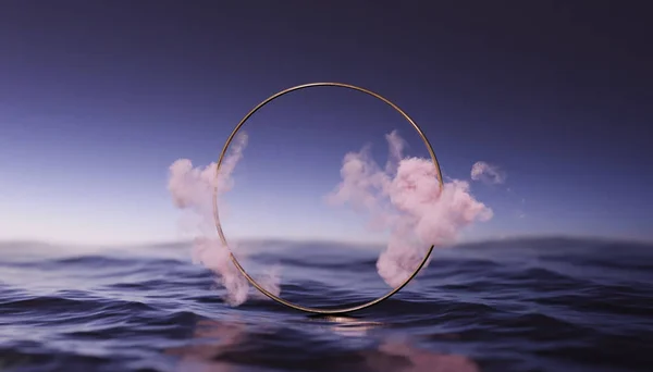 Achtergrond Cirkel Frame Display Water Vliegende Roze Wolk Beweging Minimale Rechtenvrije Stockfoto's