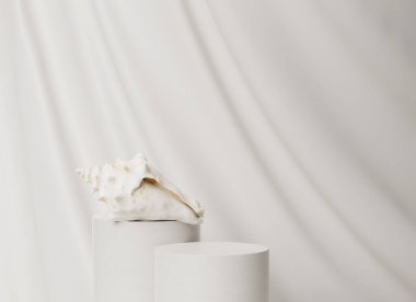 3D beyaz podyum arkaplanı. Kabuklu lüks ipek kumaş. Doğa güzelliği için asgari kaide. Kozmetik ürün sunumu. Kadınsı kopyalama alanı, şablon. Güneş gölgesi. 3d hazırlayıcı