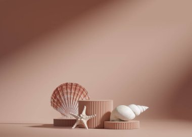 3 boyutlu arka plan, pembe podyum, vitrin. Kabuk bileşimi. Doğa kozmetik ya da güzellik ürünü tanıtımı. Reklam asgari düzeyde. Stüdyo 3D görüntüleme. Güneş gölgeli Pastel maketi.