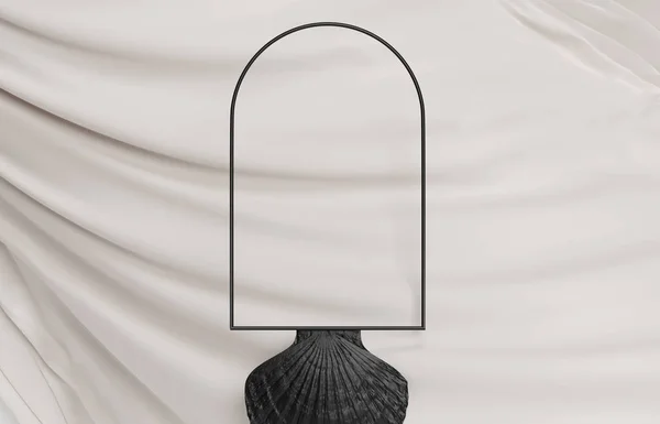 Display Podium White Background Minimal Black Shell Pedestal Curtain Cloth — Stock Photo, Image
