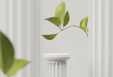 3D podyum beyaz arkaplan görüntüsü. Yuvarlak altın çerçeveli bitki yaprağı. Doğa yeşili dal. Asgari güzellik kaidesi. Kozmetik ürün sunumu. Yunan sütunlu organik şablon. Stüdyo 3d oluşturucu