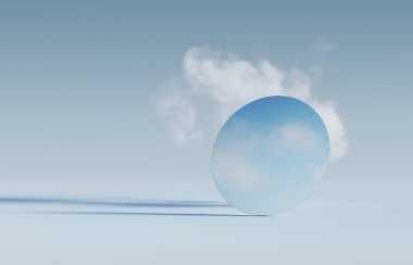 3D ekran podyumu, pastel mavi arkaplan. Beyaz bulut yükseliyor. Gökyüzü kavramı. Doğa güzelliği, kozmetik ürün sunumu, aynalı kaide. 3D canlandırma ışık ve gölge ile