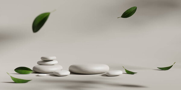 3D display podium beige background. Green plant leaf falling. Nature leaves. Minimal beauty stone pedestal. Cosmetic product presentation. Template with sun shadow. Studio 3d render