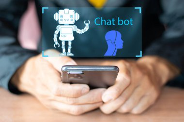 Chatbot konsepti, cep telefonu, cep telefonu, modern dijital teknoloji dünyası.