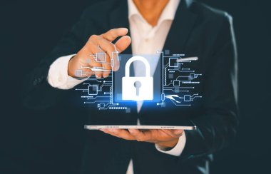 Network security and privacy concepts of data protection, lock icon and Internet network security technology Businessmen protect personal information