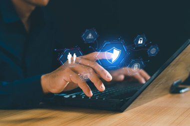 Parmak simgesi konsepti ağ güvenliği ve gizlilik koruma bilgilerini kilitliyor