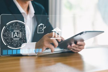 İş adamları yapay zeka teknolojisi kullanır, finansal işlemler kavramına bağlanır ve modern teknoloji ile yatırım ve gelecek dünyayı analiz eder..