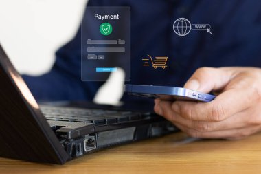 Akıllı telefon transferlerini, çevrimiçi alışveriş, çevrimiçi bankacılık fatura ödemeleri, dijital cüzdanlar, online bankacılık uygulamaları, çevrimiçi ödeme ikonları ve dijital finans teknolojisini kullanın