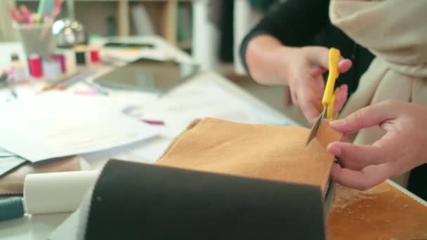 Ασιάτισσα Μεσήλικη Σχεδιάστρια Μόδας Εργάζεται Στούντιο Κόβοντας Και Επιλέγοντας Υφάσματα — Αρχείο Βίντεο