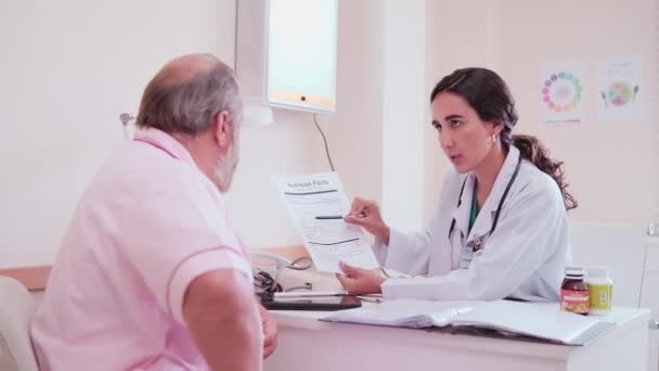 Kobieta Lekarz Profesjonalny Dietetyk Mundurze Doradzają Pacjentom Rasy Kaukaskiej Dodatkowych — Wideo stockowe