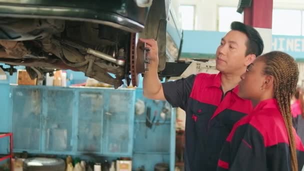 Professional Automotive Supervisors Inspect Discuss Car Suspension Repair Work Female — Stock Video