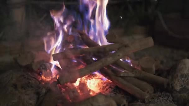 近照篝火 用炽热的篝火和一堆柴火在乡间取暖露营 燃烧着烈焰和浓烟 夜晚在户外冒险篝火之旅 — 图库视频影像