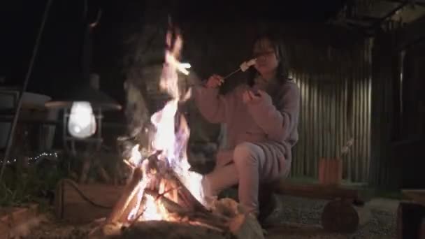 ある小さなアジアの少女は火の炎でマシュマロのバーベキューをローストしました ナイトキャンプ遠足休暇 自然学習経験 アウトドアライフスタイルの休日 そして田舎の冒険旅行 — ストック動画