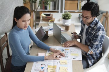 İki genç Asyalı şirket ortağı gelişigüzel küçük işletme ofisinde tartışıyor ve fikir alışverişinde bulunuyor, bir masada pazarlama planlama işleri ve E-ticaret girişimcisi ve iş arkadaşı olarak serbest çalışma.