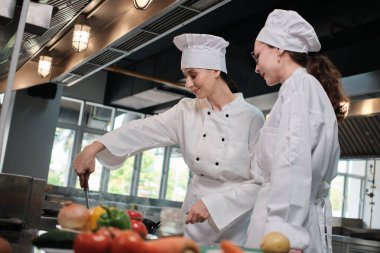 Önlüklü iki beyaz kadın aşçı birlikte yemek pişiriyor. Lezzetli yemeklerde profesyonel gurme partnerler, otel yemeklerinde malzeme hazırlığı ve aşçılık yemekleri..