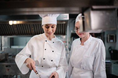 Önlüklü iki beyaz kadın aşçı birlikte yemek pişiriyor. Lezzetli yemeklerde profesyonel gurme partnerler, otel yemeklerinde malzeme hazırlığı ve aşçılık yemekleri..