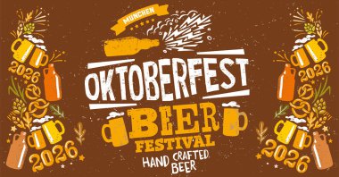 Renkli Oktoberfest posteri. İçinde cesur, sıkıntılı tipografi, bira kupaları, krakerler ve buğday var. Bavyera bira festivali kutlamalarının ön plana çıkarıldığı klasik fontlu şenlik düzeni.