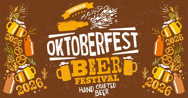 Renkli Oktoberfest posteri. İçinde cesur, sıkıntılı tipografi, bira kupaları, krakerler ve buğday var. Bavyera bira festivali kutlamalarının ön plana çıkarıldığı klasik fontlu şenlik düzeni.