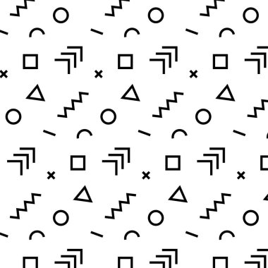 Modern geometrik memphis tarzında kusursuz bir desen. Siyah ve beyaz, geometrik arka plan. Vektör illüstrasyonu