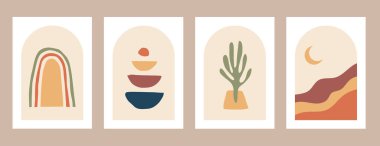 El çizimi, soyut şekil kompozisyonu. Rengarenk soyut nesneler, dağ, bitki. Kartpostal, kapak, duvar kâğıdı, duvar sanatı, ev dekorasyonu için asgari düzeyde modern sanat.