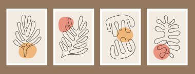 Matisse 'ten esinlenilmiş bir grup çete silueti posterleri. Modern minimalist duvar dekorasyonu sanatı. Renkli vektör illüstrasyonu, iç dekorasyon